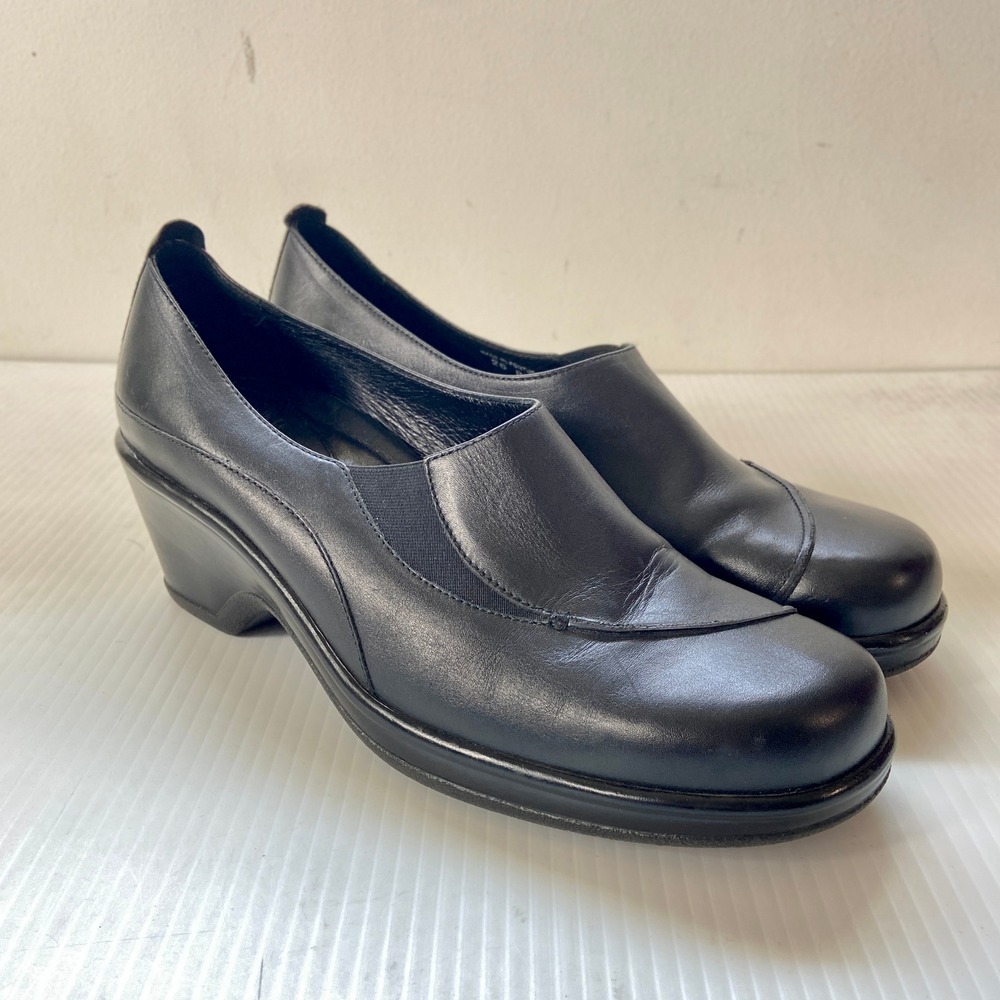 Dansko Black Leather Slip-On Wedge Pumps